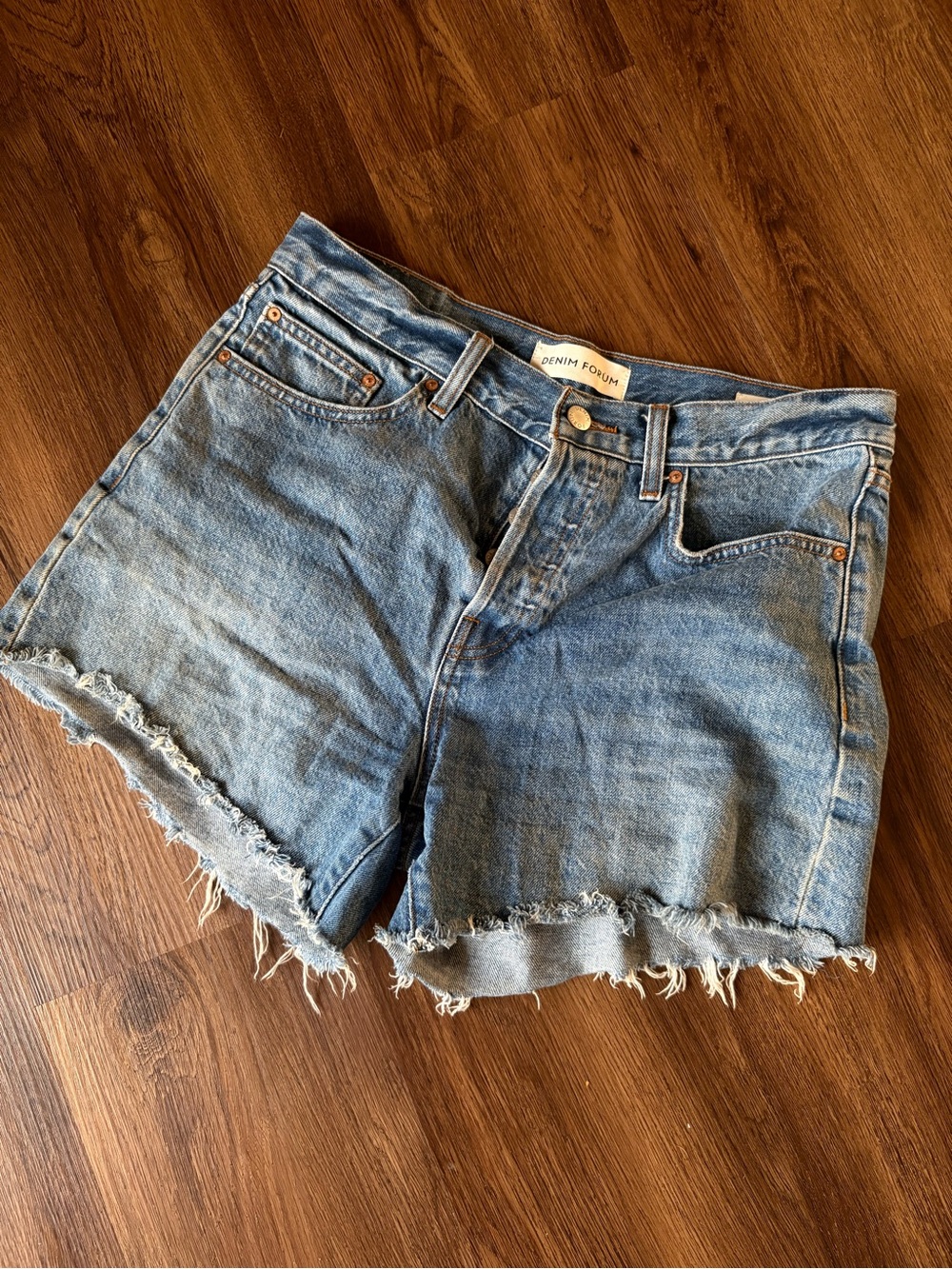 Denim Forum Hi Rise Mid Thigh Button Fly Jean Shorts 28”